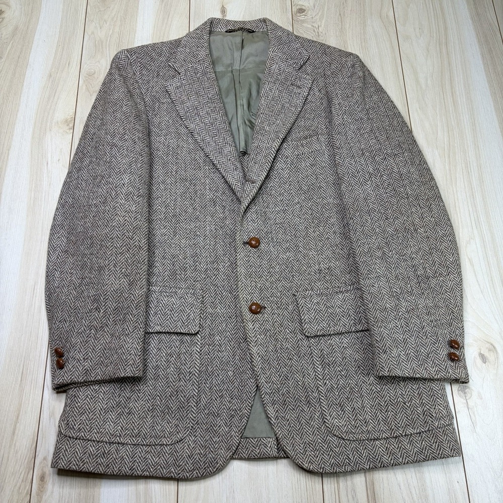 VTG 60s Harris Tweed Herringbone Brown Thick Wool 2/3 Roll Sport Coat Mens 40R